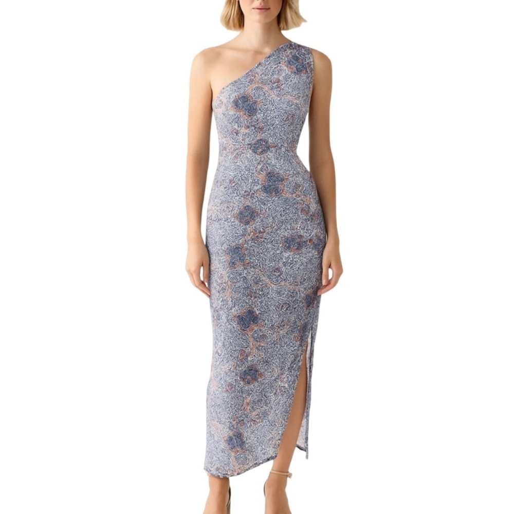 MISA Los Angeles One-Shouldered Aries Dress in Feathered Floral Size S NWT Sheer